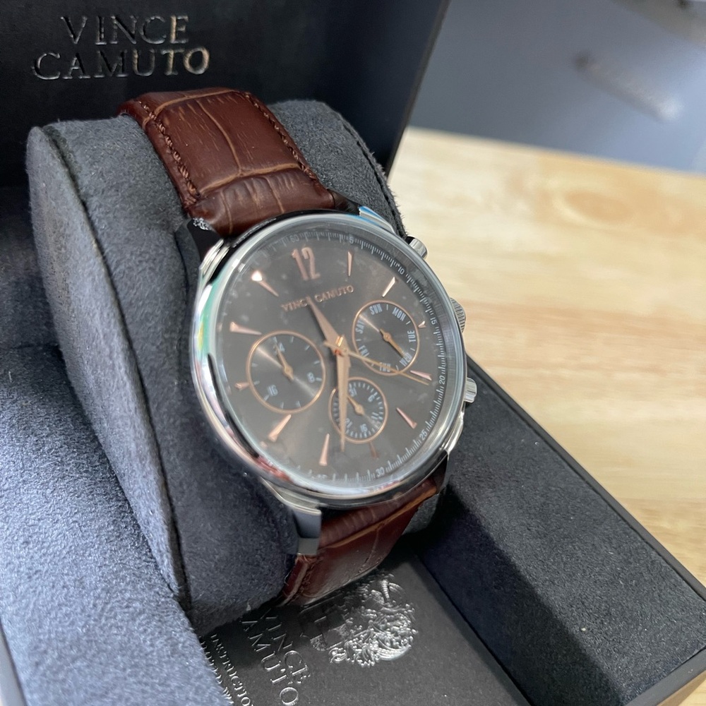 Brand New Vince Camuto Chronograph-Style Men’s Watch – Brown Leather Strap w/box